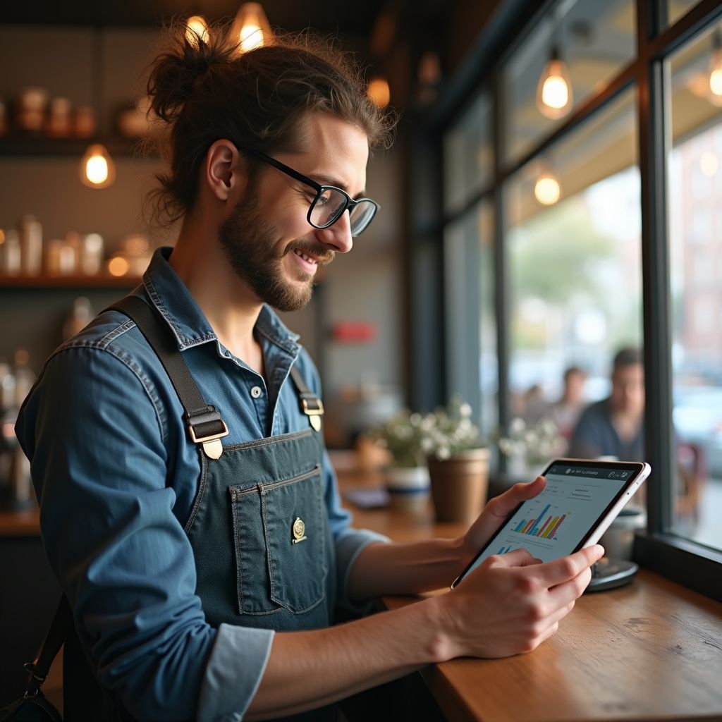 Man in denim apron, glasses, looking at tablet with graphs in a cafe, smiling.