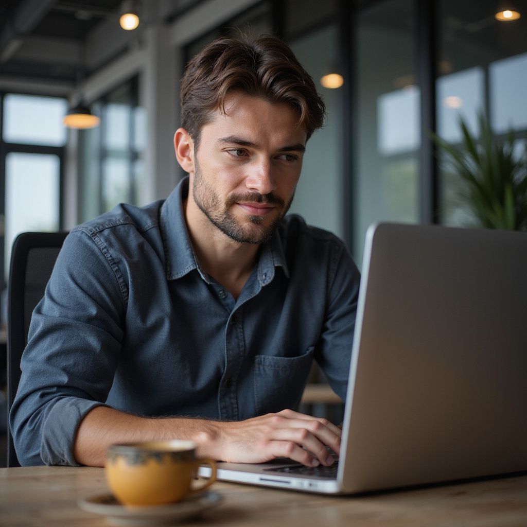 Man with beard typing on laptop at table in a cafe, cup of coffee nearby.