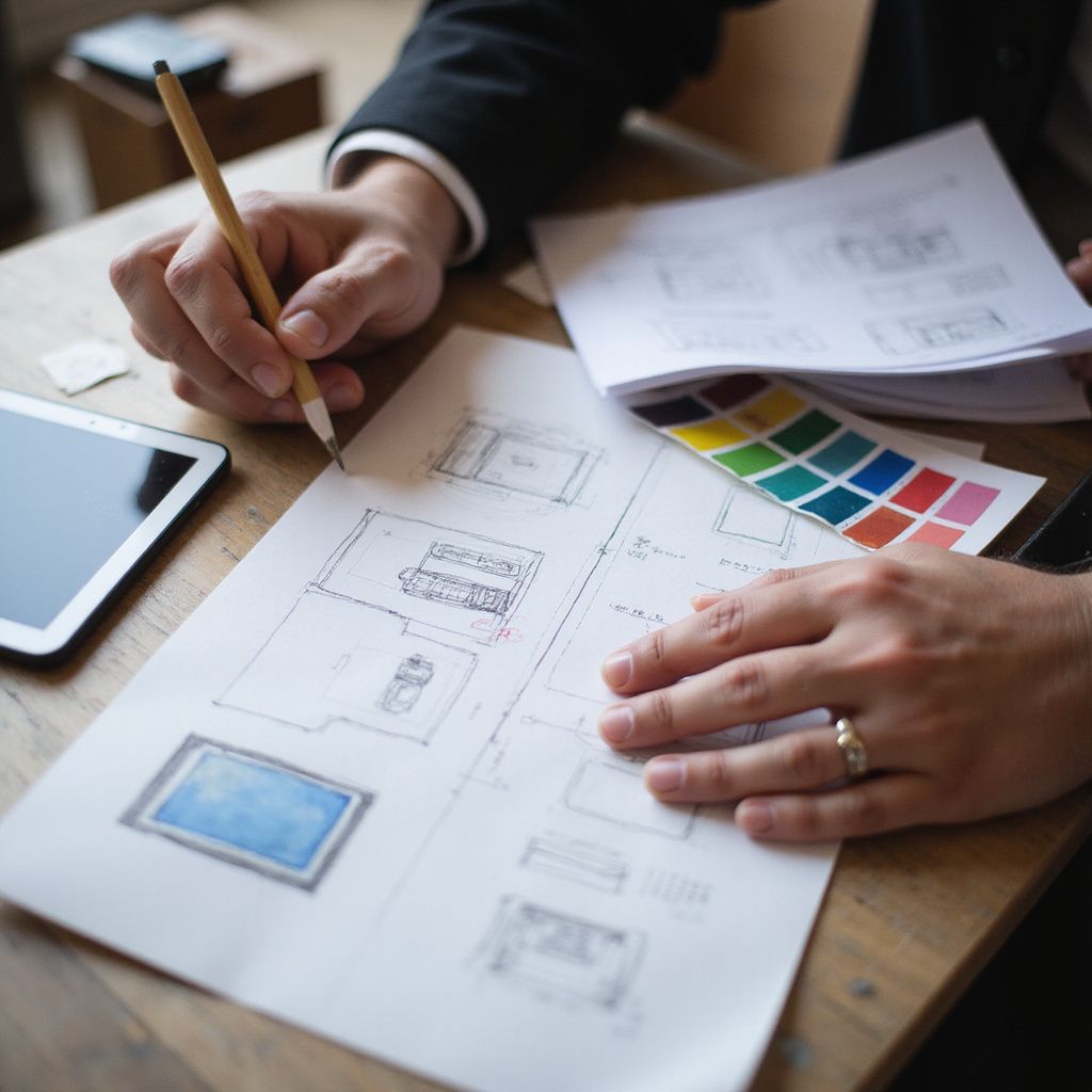 Person sketching architectural plans with pencil, color palette, and tablet on a wooden table.