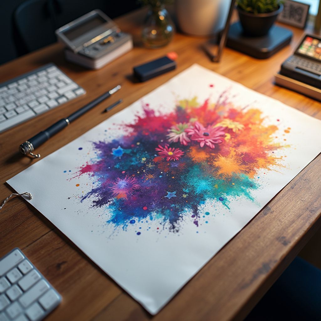 Colorful watercolor painting of flowers exploding on a wooden desk.