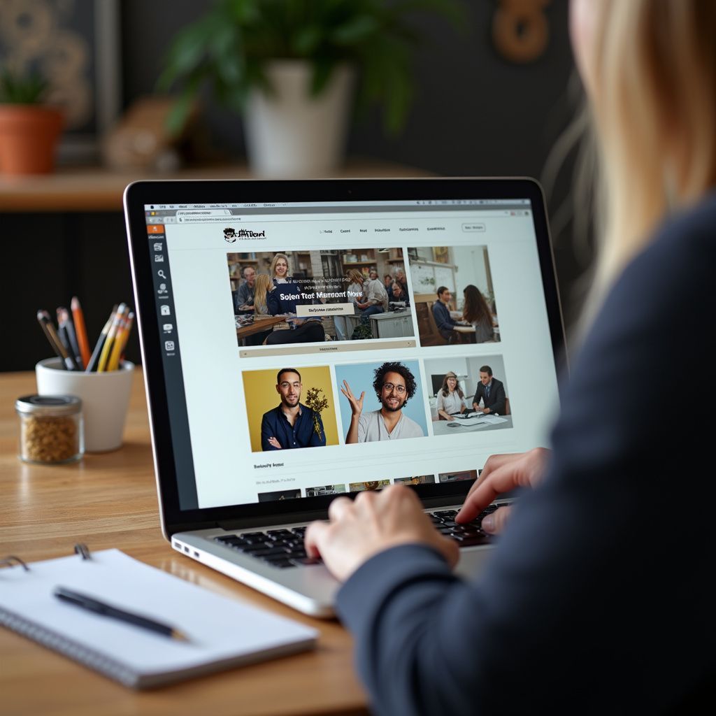 Woman using laptop at wooden desk, viewing website with portraits of people.