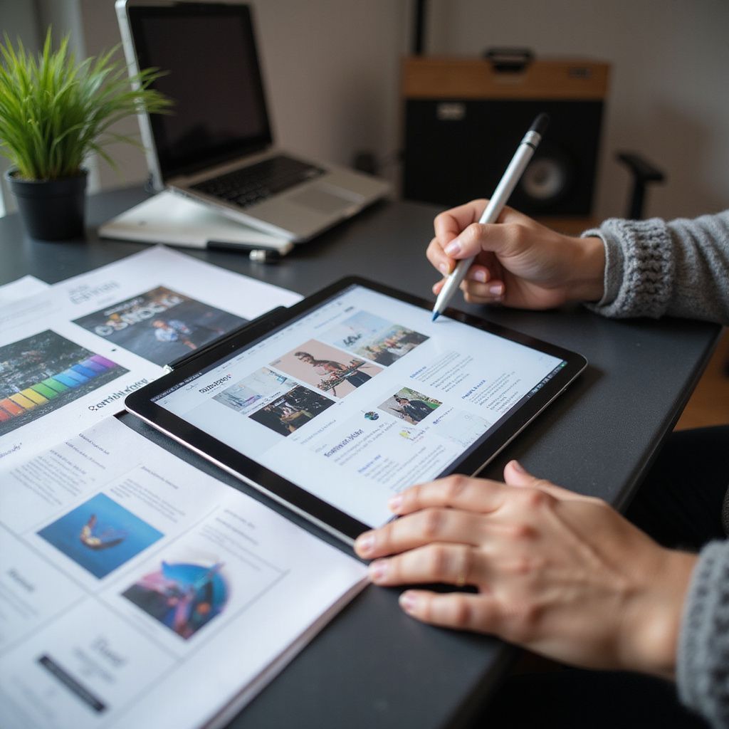 Person using a stylus to draw on a tablet, reviewing printouts on a desk with a laptop and plant.