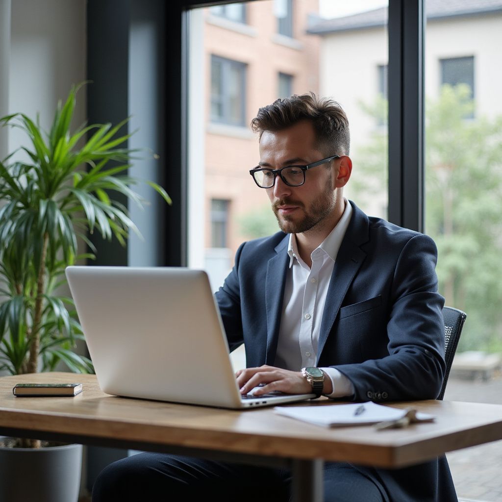 Man in suit working on a laptop at a desk, by a window, in an office.