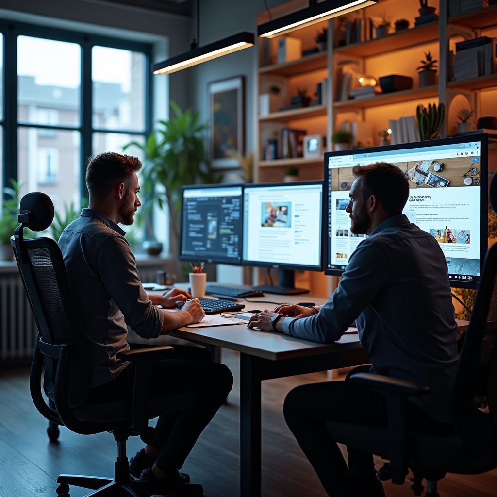 Two men sit at a desk, working on computers in an office at night.