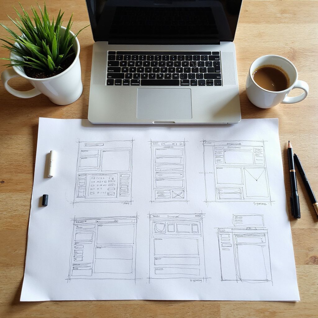 Sketches of website layouts on a desk with a laptop, coffee, plant, eraser, and pens.