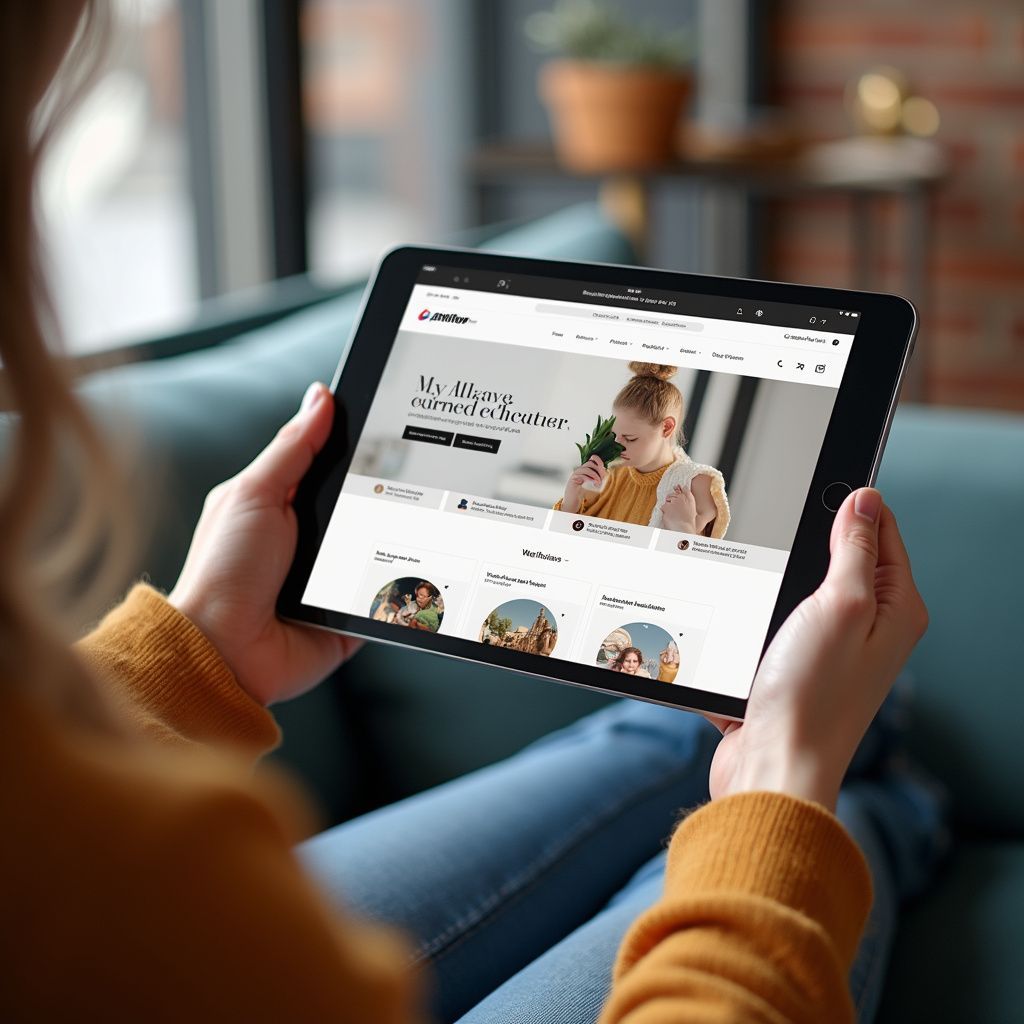 Person holding a tablet, viewing a website with a photo of a child; sitting on a couch.