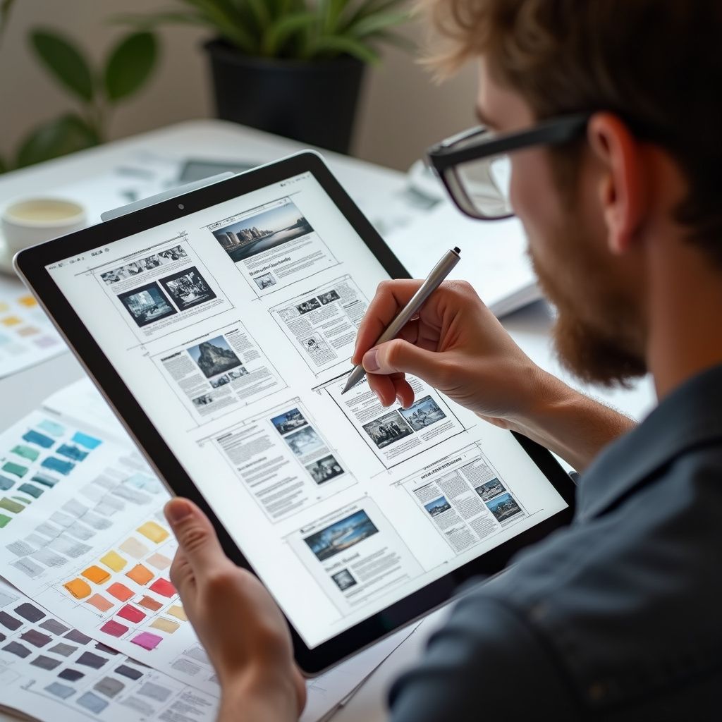Man working on a tablet, designing layout with a stylus.  Color swatches and coffee cup nearby.