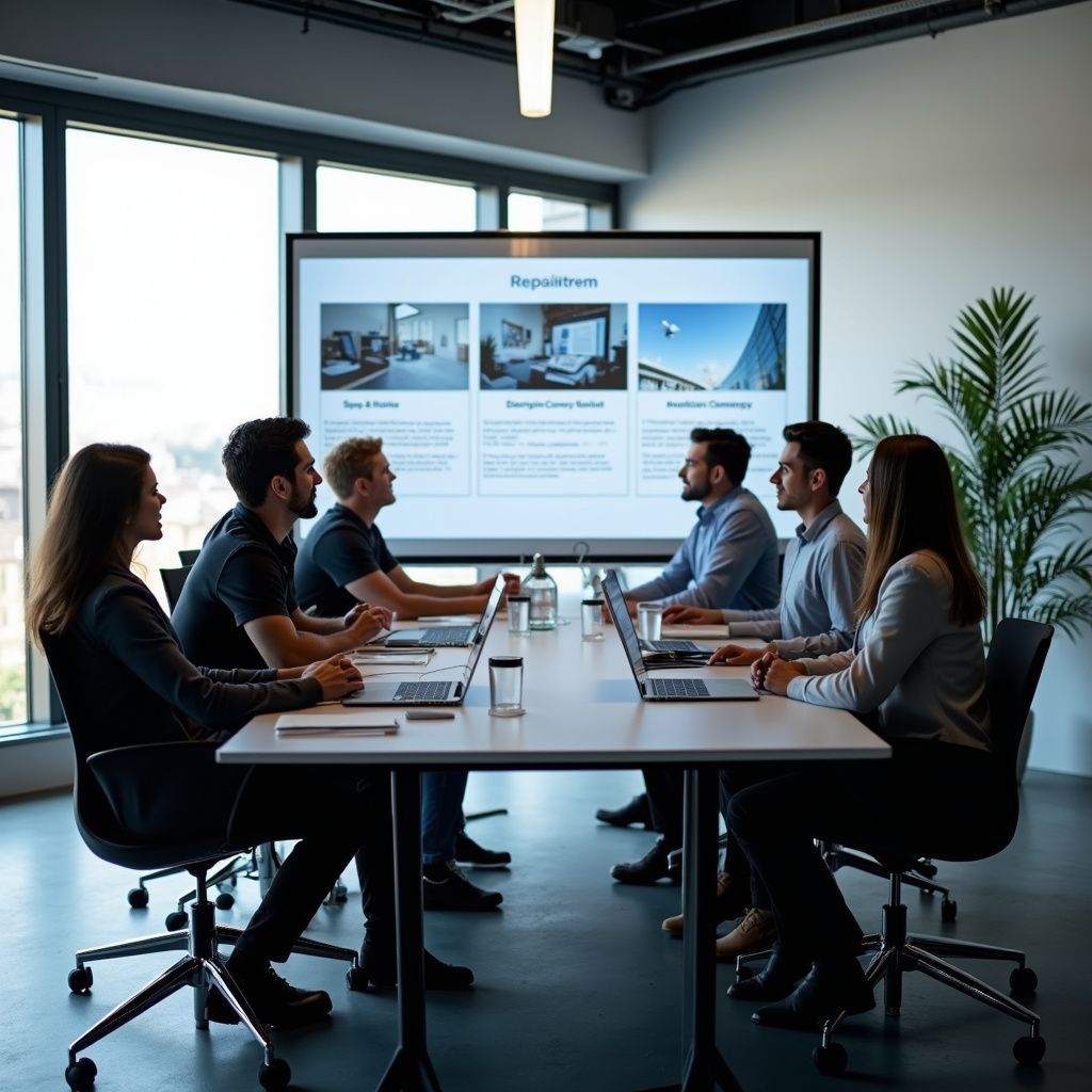 People in a modern office meeting around a table, laptops open, presentation on a screen.