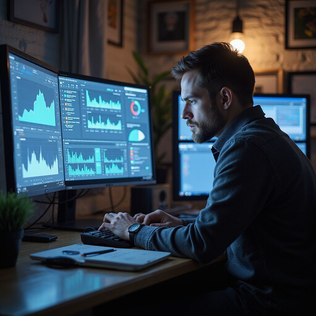Man analyzing data on multiple computer screens in a dimly lit room.