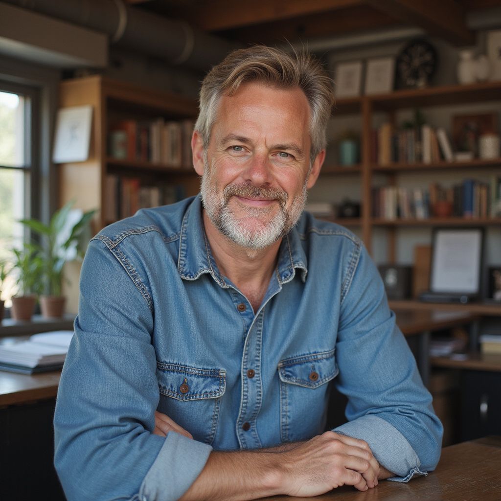 Man with graying hair and beard, wearing a denim shirt, seated at a desk smiling in an office.