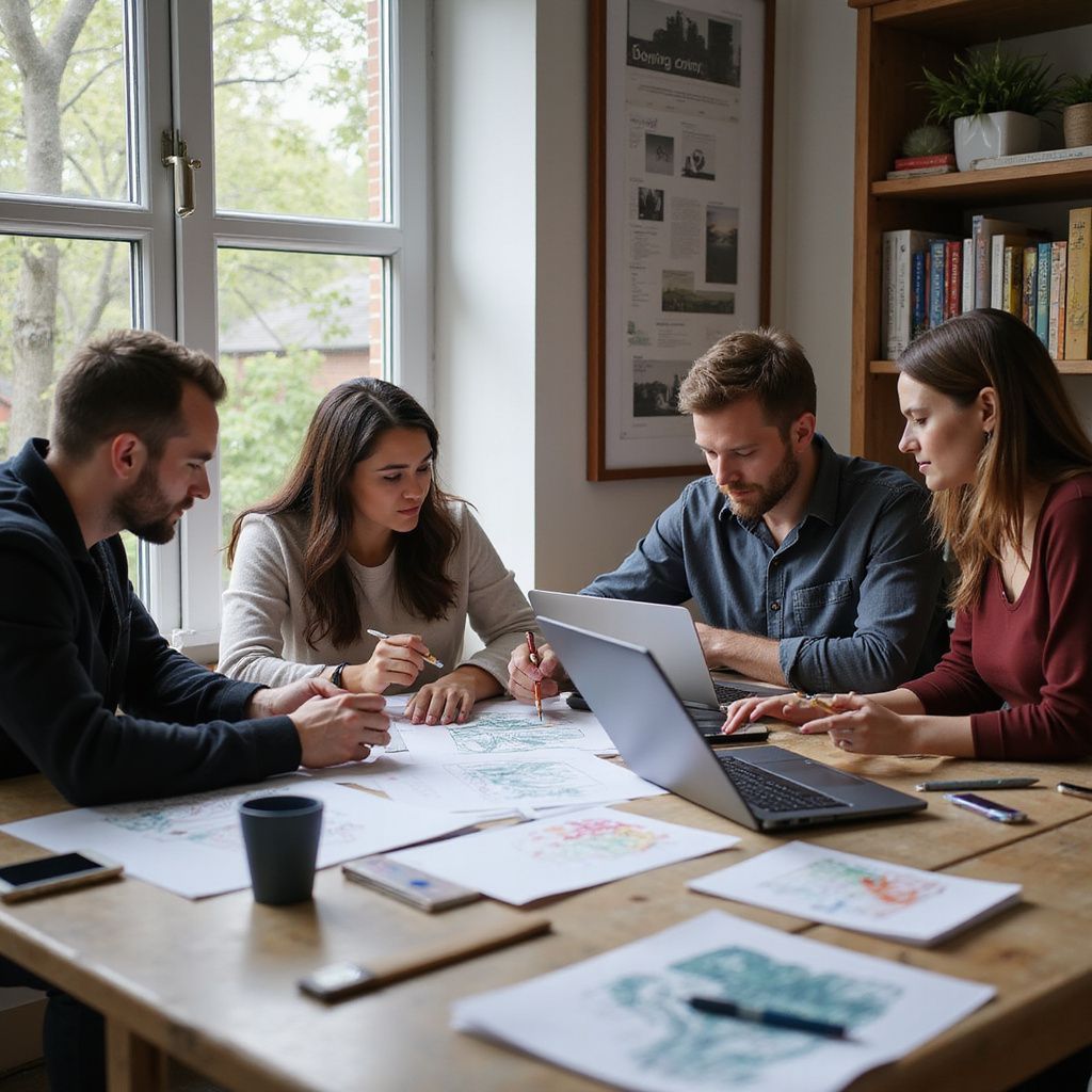 Four people around a table, looking at papers and a laptop. Natural light streams through a window.