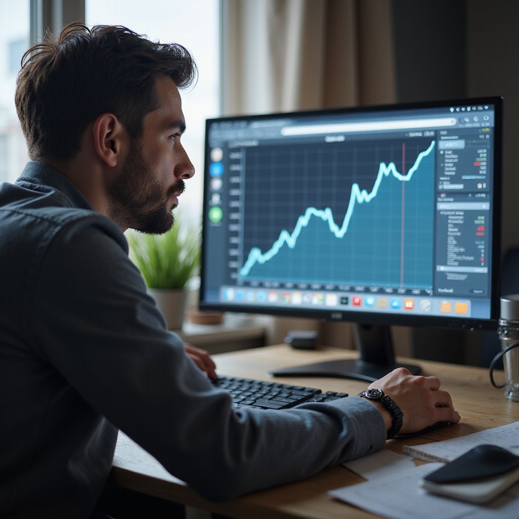 Man viewing stock market graph on a computer screen, working at a desk.