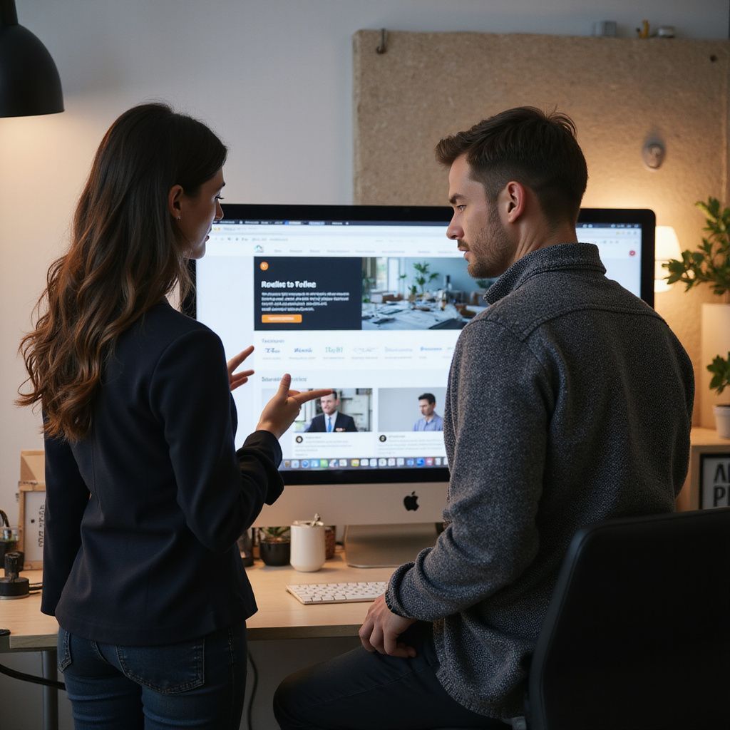Woman gestures at computer screen, explaining to man in office setting.
