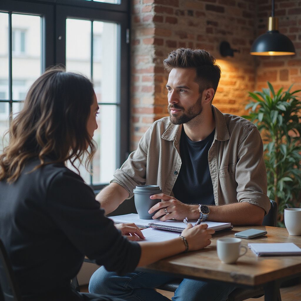 Two people, a man and a woman, sit at a table, talking. The woman is writing, the man is listening with a cup.