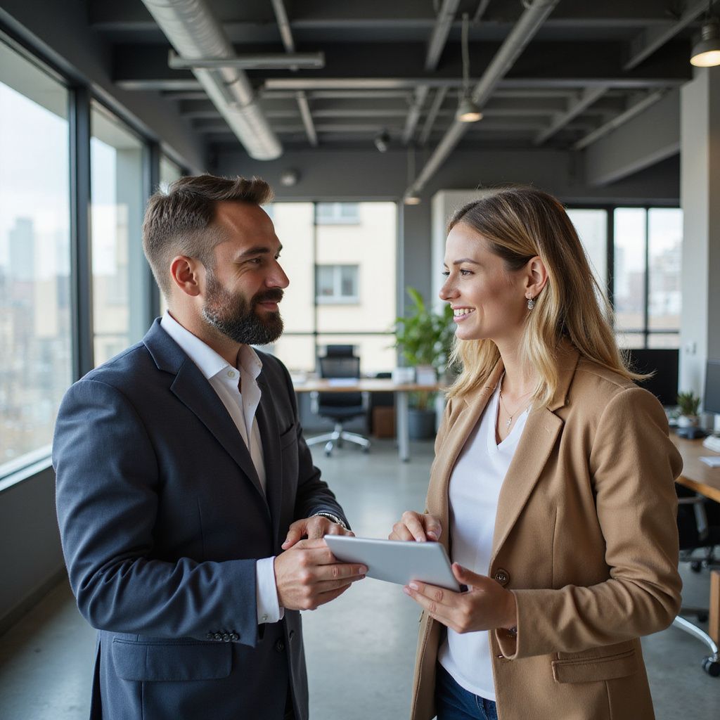 Man and woman in business attire looking at a tablet in a modern office, smiling.