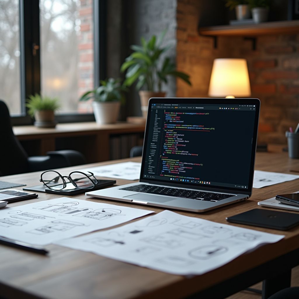 Laptop displaying code on a desk with blueprints, glasses, and plants in a home office setting.