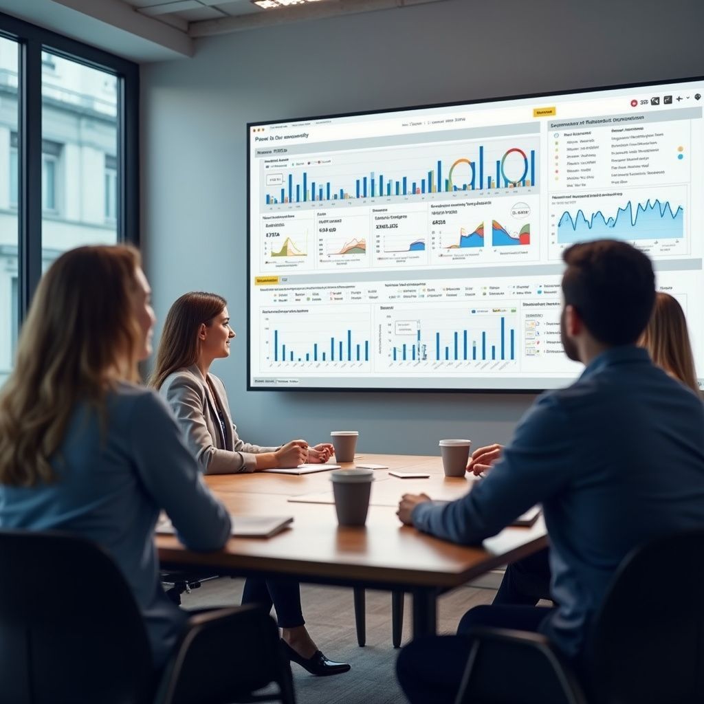 People in a meeting view data charts on a large screen in a conference room.