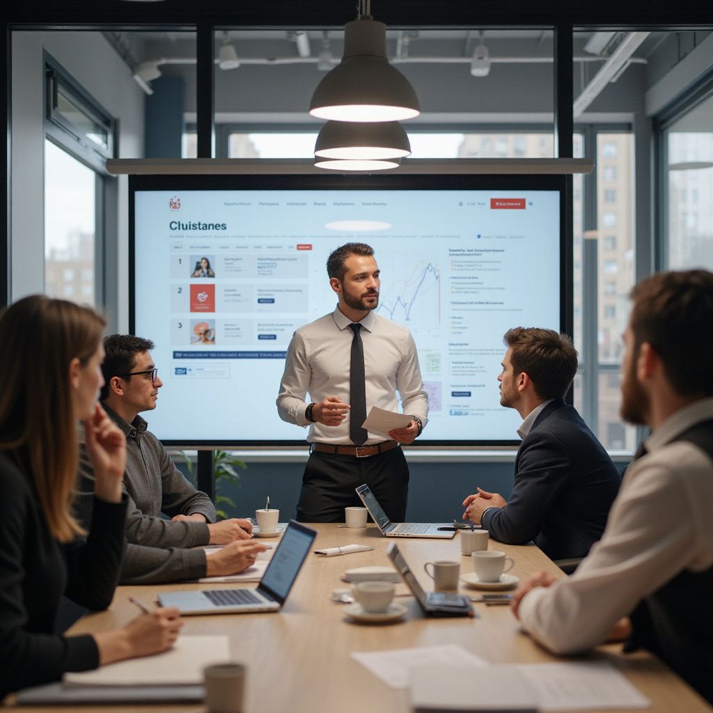 A man presenting in a meeting, looking at colleagues seated around a table, with a screen displaying a website.