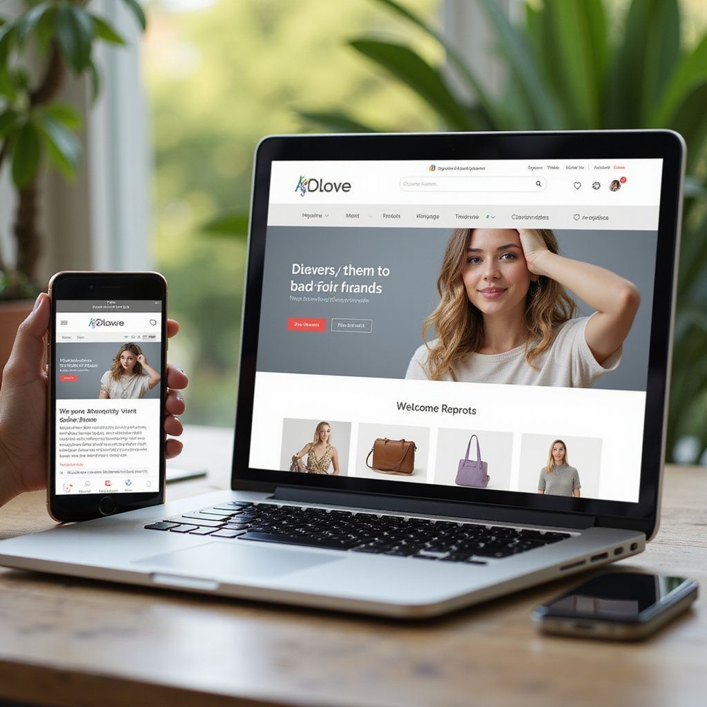 Person holding phone next to laptop displaying a website. Woman in the banner, products below.