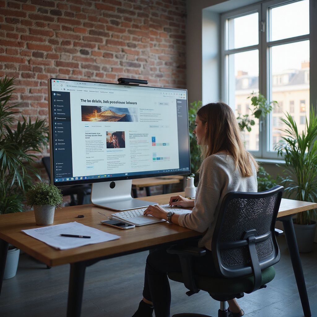 Woman working at a desk in front of a computer, with a brick wall background, typing.