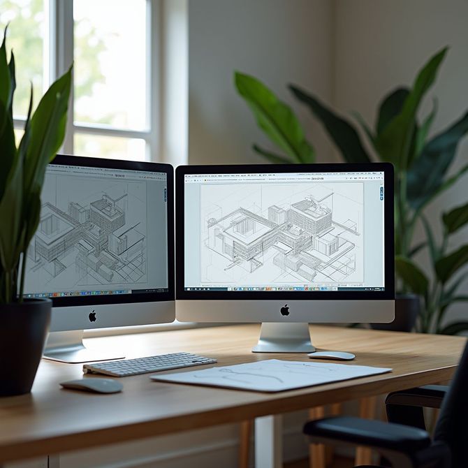Two computer monitors on a wooden desk displaying architectural drawings, with plants in the background.