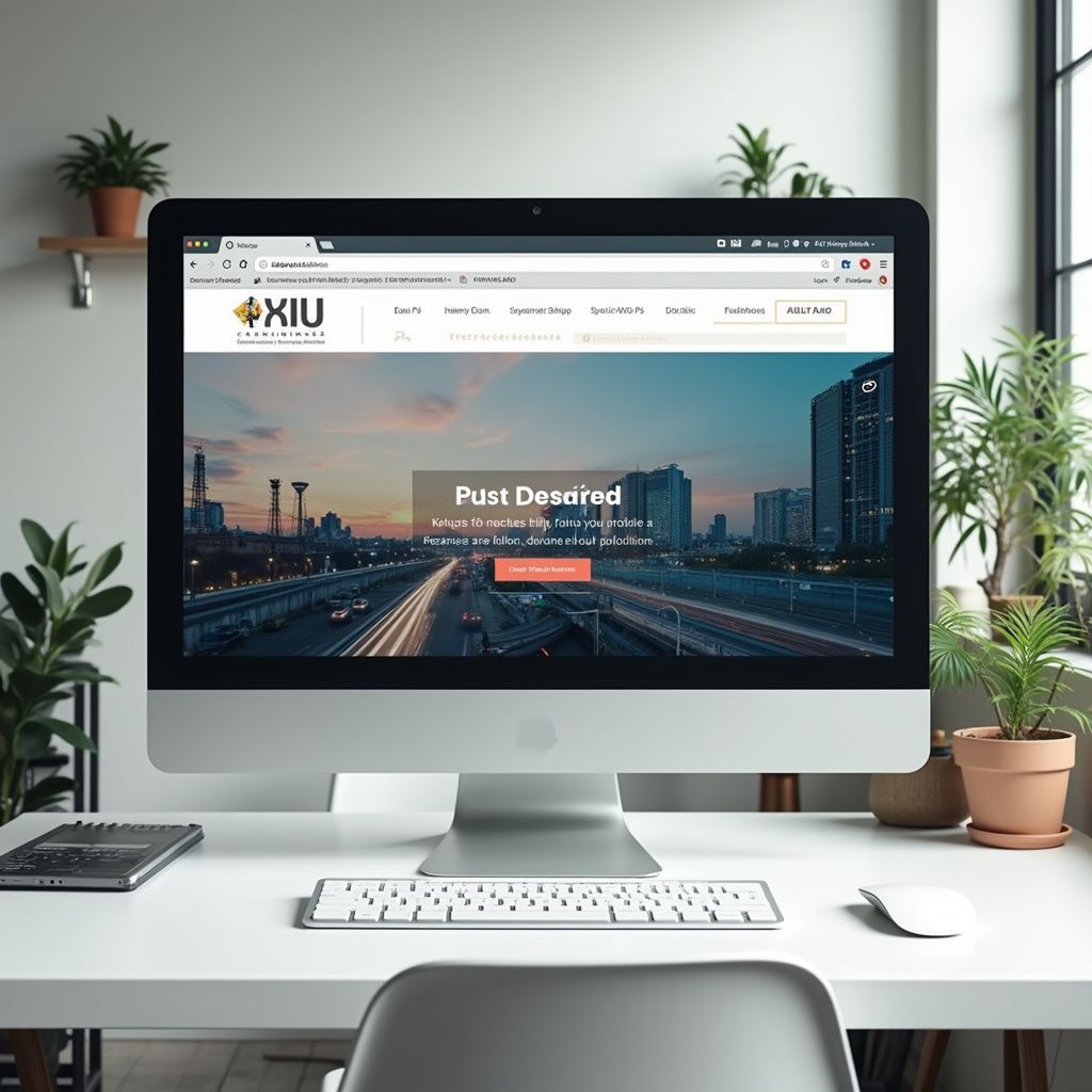 Computer displaying the website of XIU University, a cityscape in background.