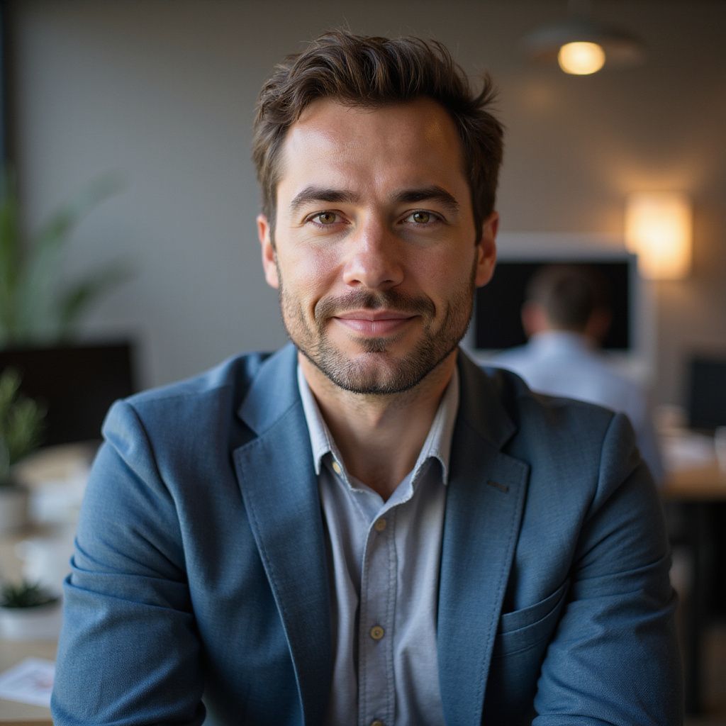 Man in blue blazer, looking at the camera with a slight smile in an office setting.