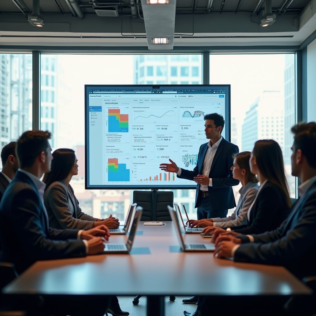 A business meeting in an office. Man presents data on a screen. People in suits sit around a table with laptops.