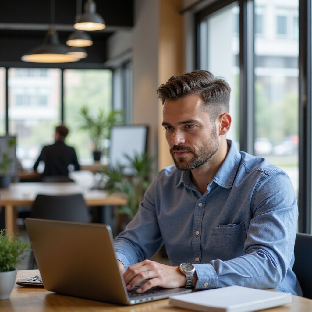 Man in blue shirt working on laptop in modern office.