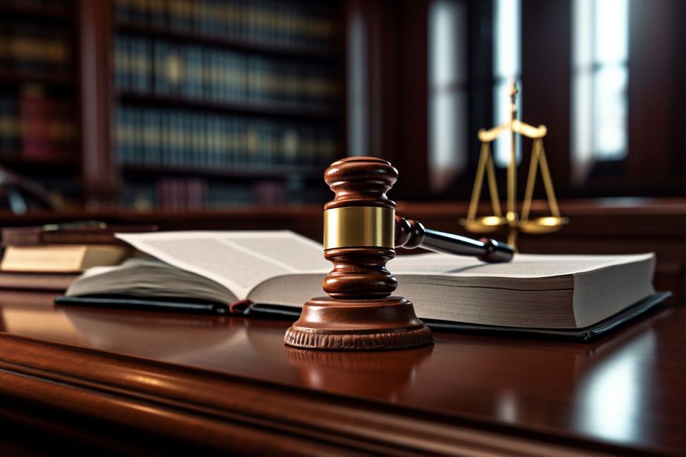 A judge 's gavel is sitting on a wooden table next to an open book and scales of justice.