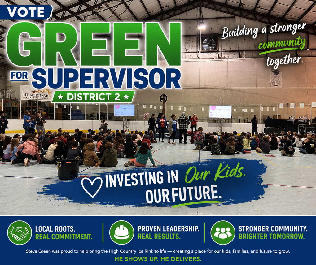 A political campaign poster for Green for Supervisor District 2, showing children seated in an indoor skating rink.