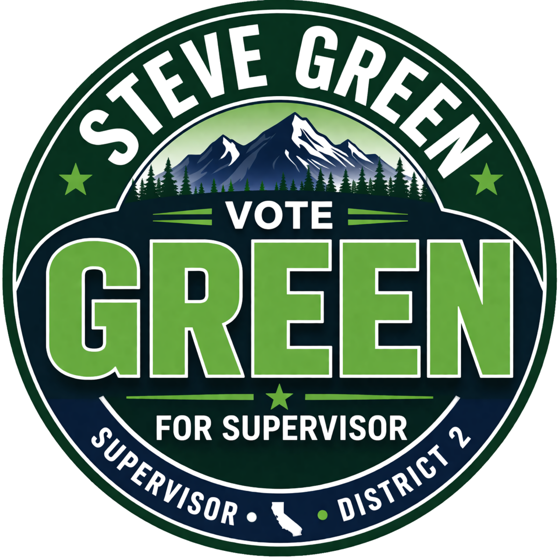 Campaign logo for Steve Green for Supervisor, District 2, featuring mountain graphics and the text 