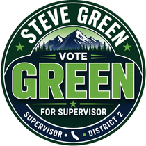Campaign logo for Steve Green for Supervisor, District 2, featuring mountain graphics and the text 