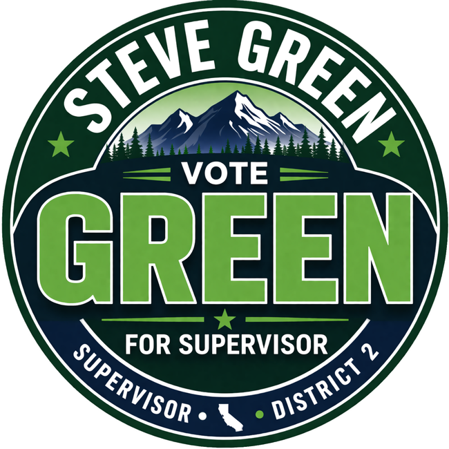 Campaign logo for Steve Green for Supervisor, District 2, featuring mountain graphics and the text 