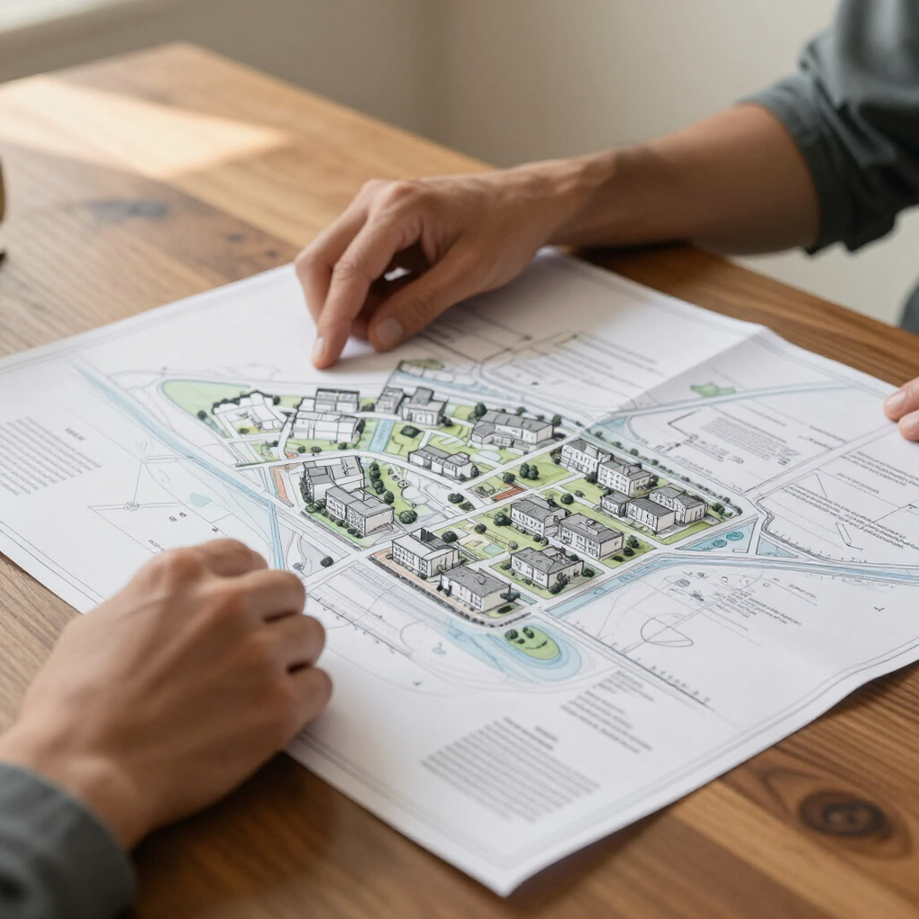 A person’s hands point to a printed site plan of a residential development on a wooden table.