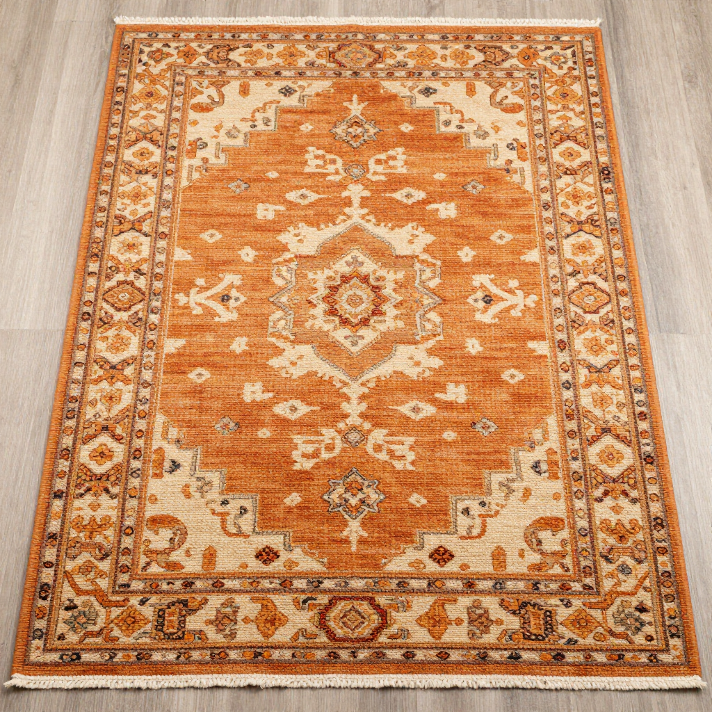 A rectangular rug in shades of burnt orange and cream with a traditional floral medallion pattern and fringed ends.