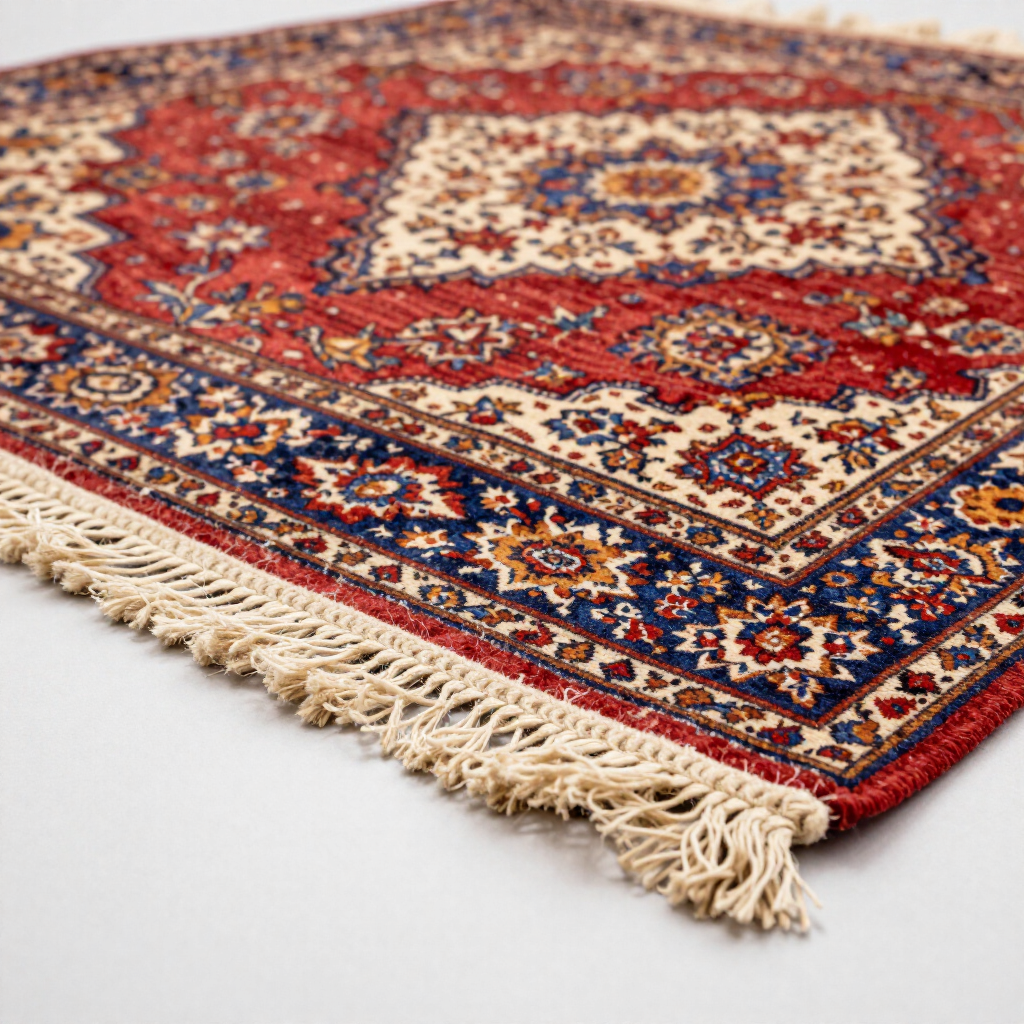 An ornate, rectangular rug with a red, blue, and cream floral pattern, featuring a tasseled edge on a white background.