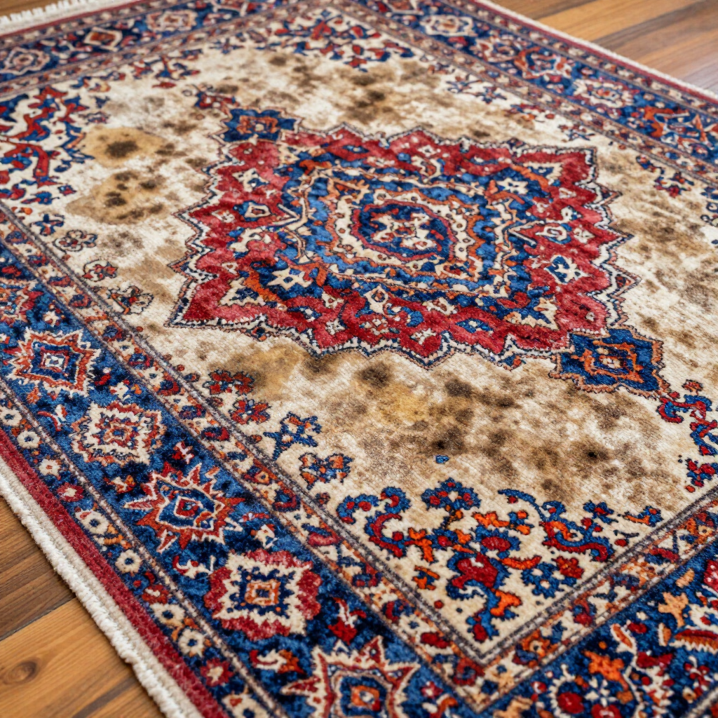 An ornate, vintage-style area rug with a blue and red geometric pattern on a beige, distressed-look background.