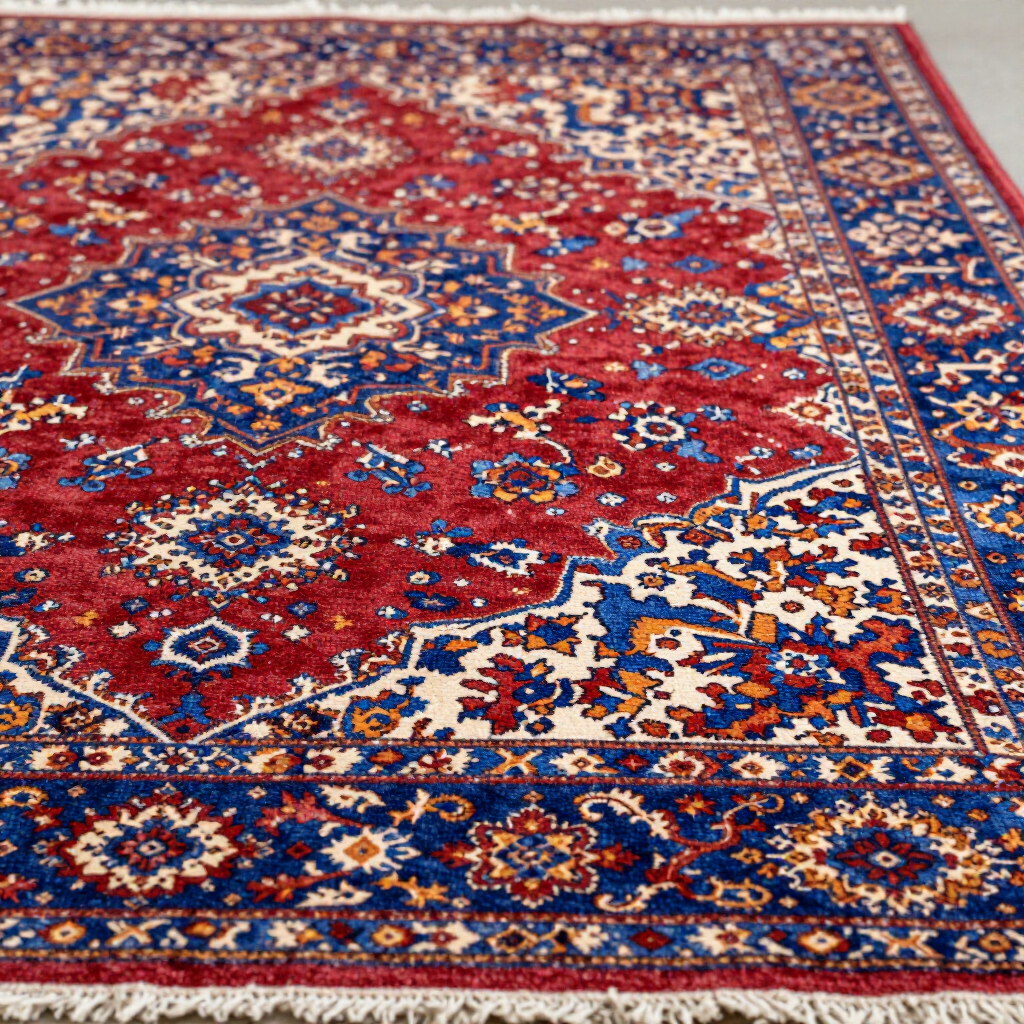 A vibrant Persian-style rug with intricate floral and geometric patterns in deep red, navy blue, and cream.