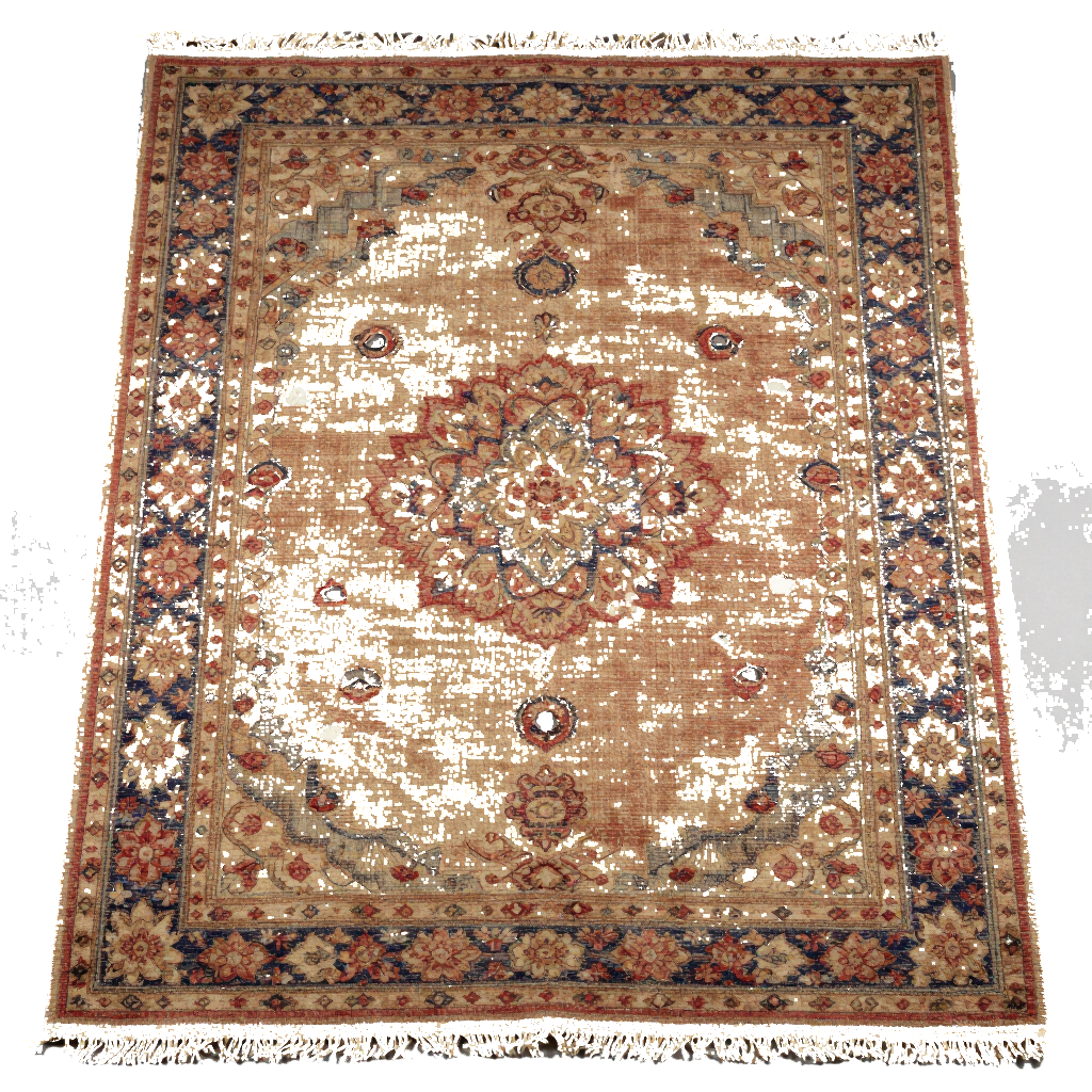 A rectangular area rug with a vintage, distressed look, featuring a central medallion and ornate dark blue border.