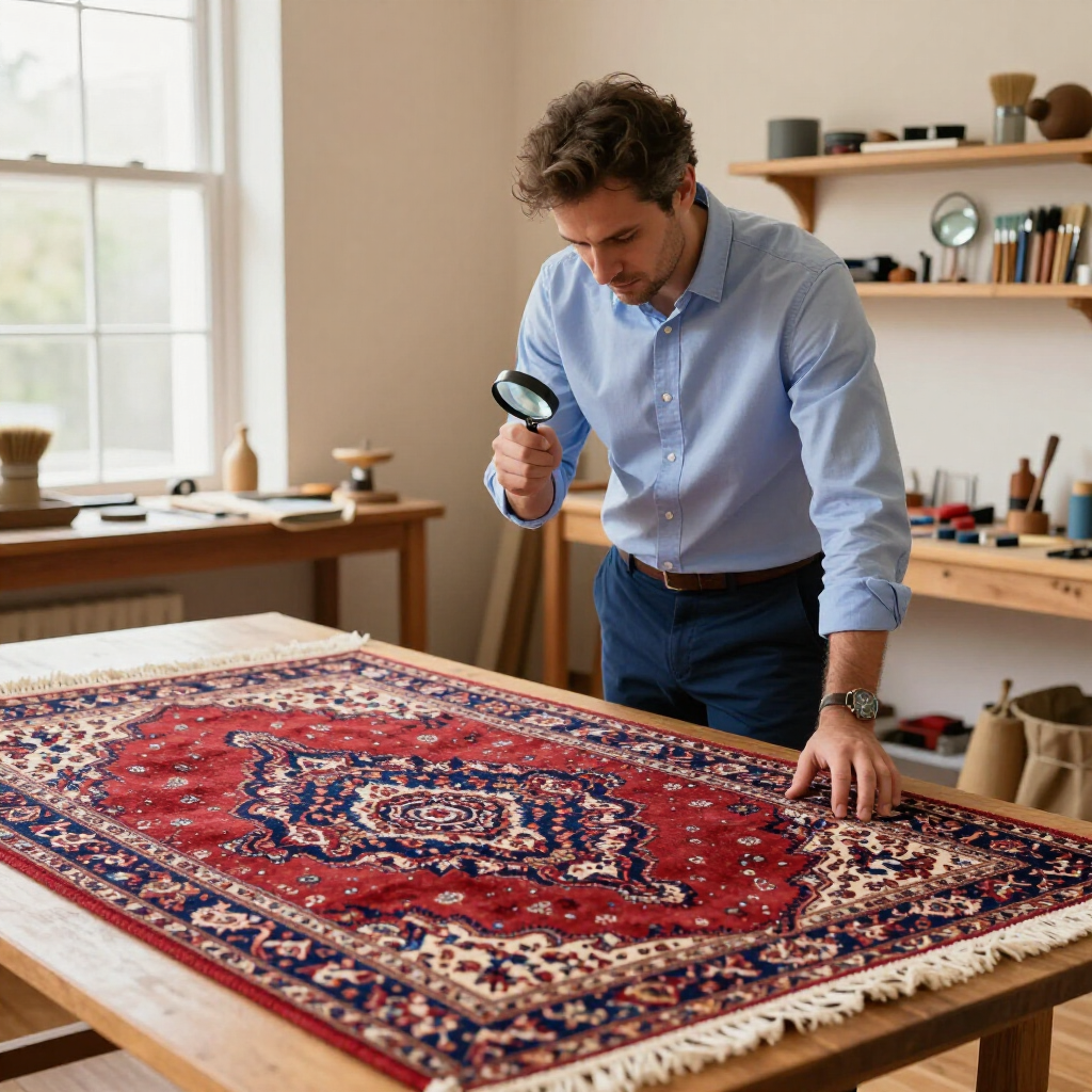 A person leans over a wooden table, using a magnifying glass to inspect the detailed, red patterned rug lying on it.
