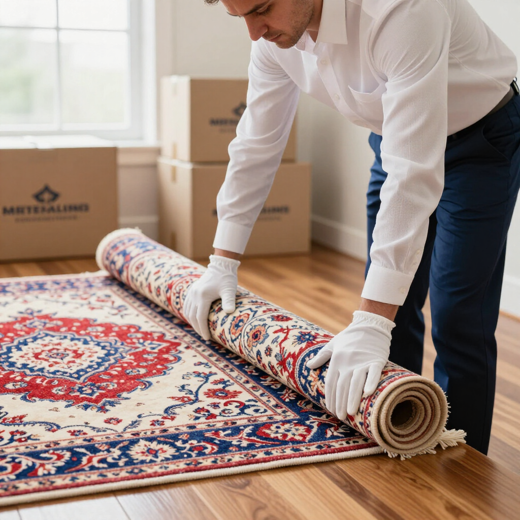 An assortment of overlapping traditional, ornate rugs in shades of red, blue, and gold with intricate geometric patterns.