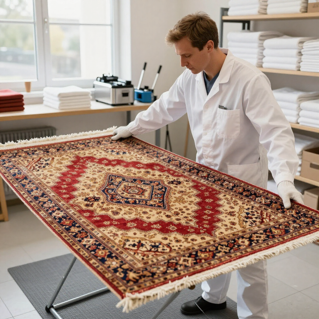 A person in a white lab coat and gloves inspects an intricate, red, cream, and blue patterned rug on a folding table.