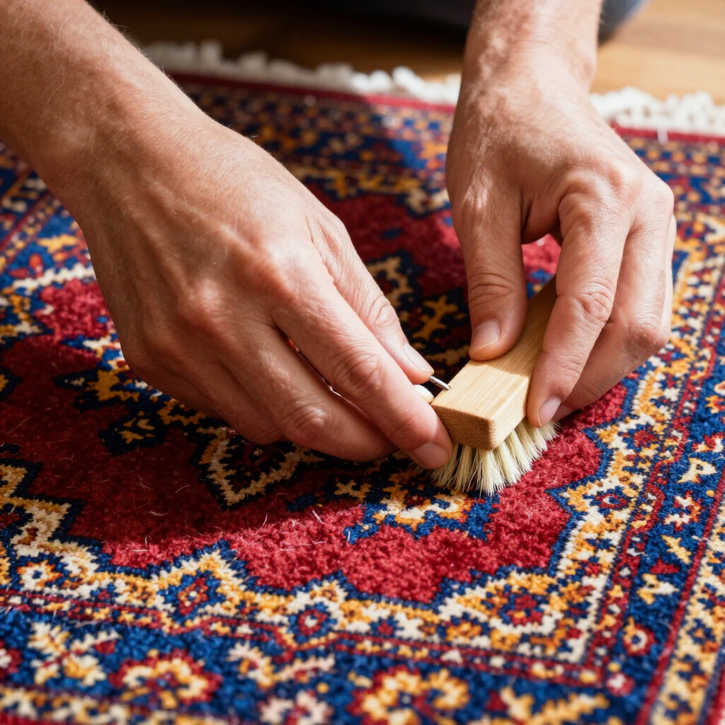 Hands scrubbing a red, blue, and yellow patterned rug with a wooden-handled brush.