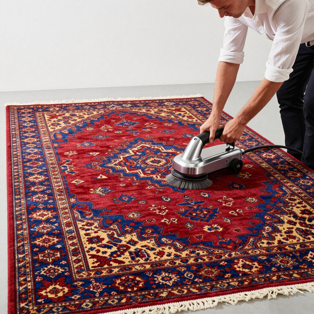 A person uses a handheld motorized carpet cleaner on a rectangular, red and blue ornate patterned rug.