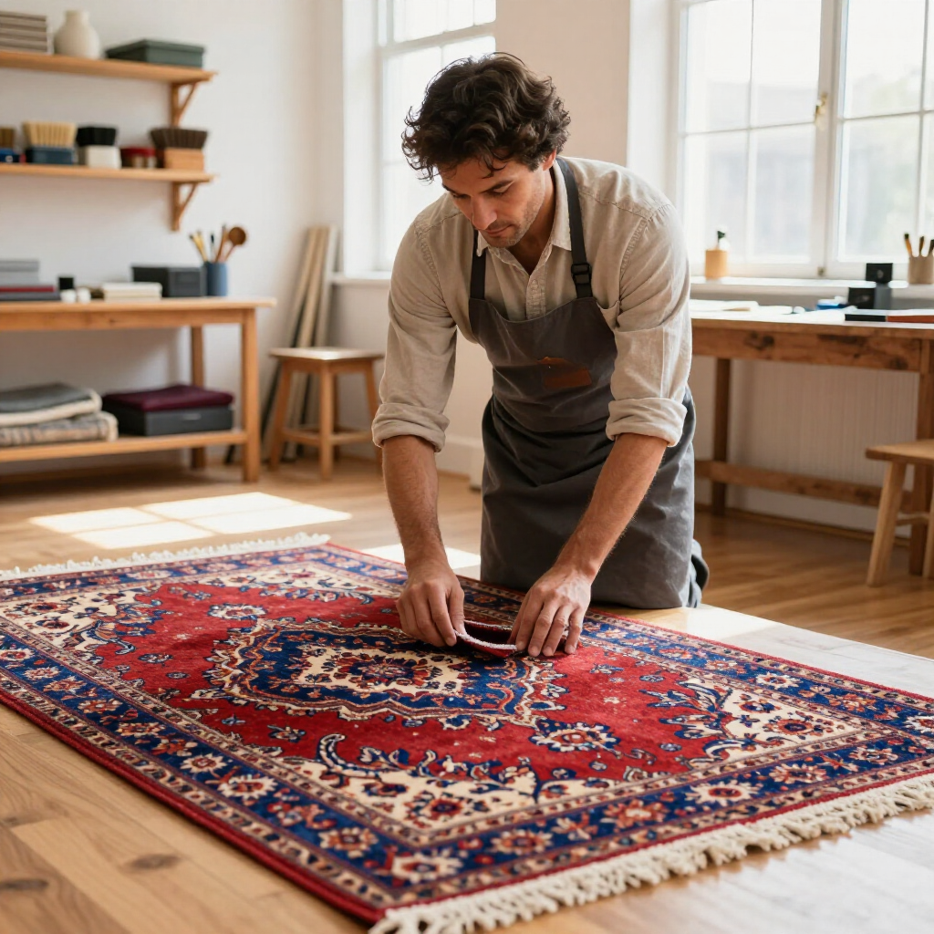 A person wearing a grey apron kneels on a wooden floor, carefully examining a traditional red and blue patterned rug.