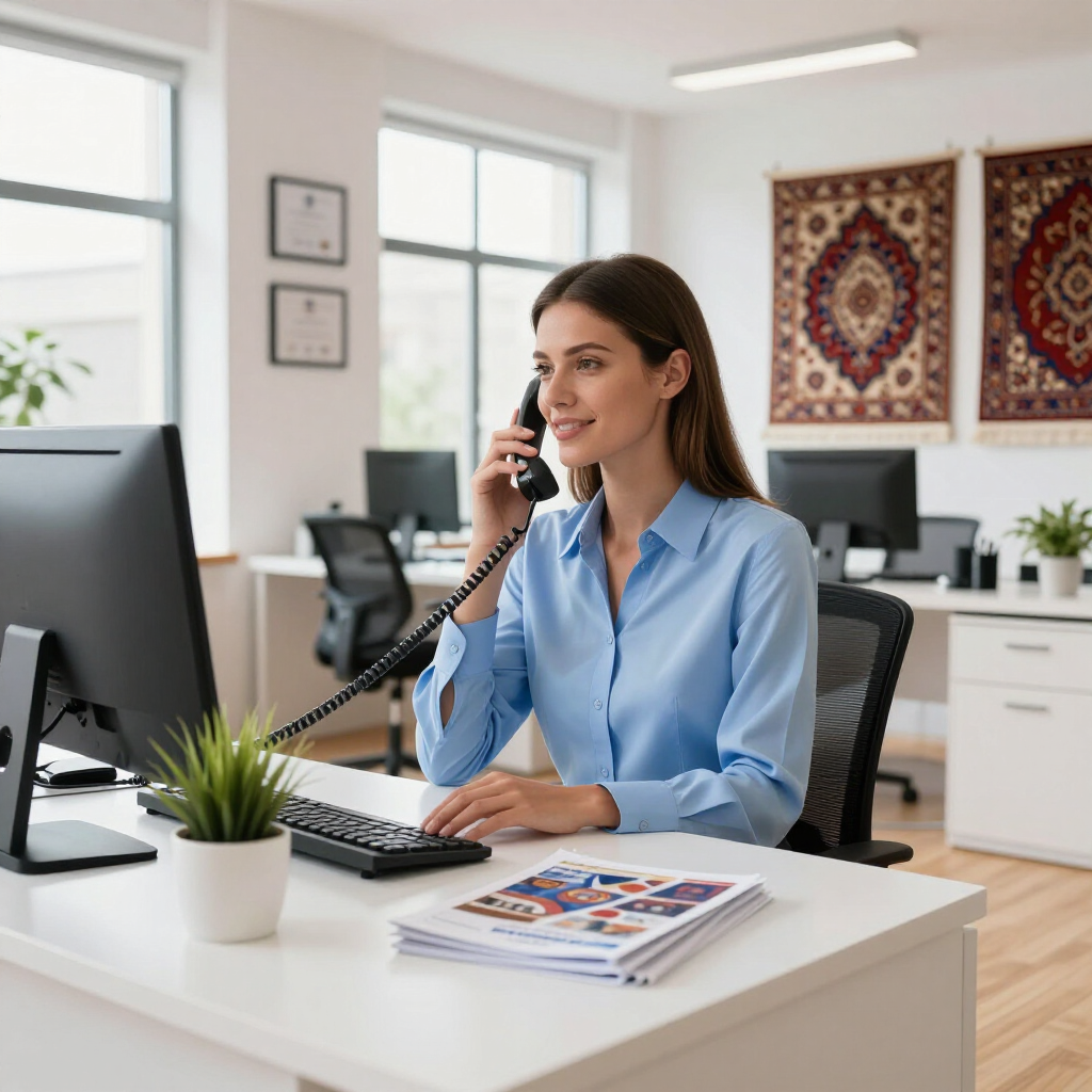 A smiling professional in a blue shirt talks on a telephone at an office desk with a computer and documents.