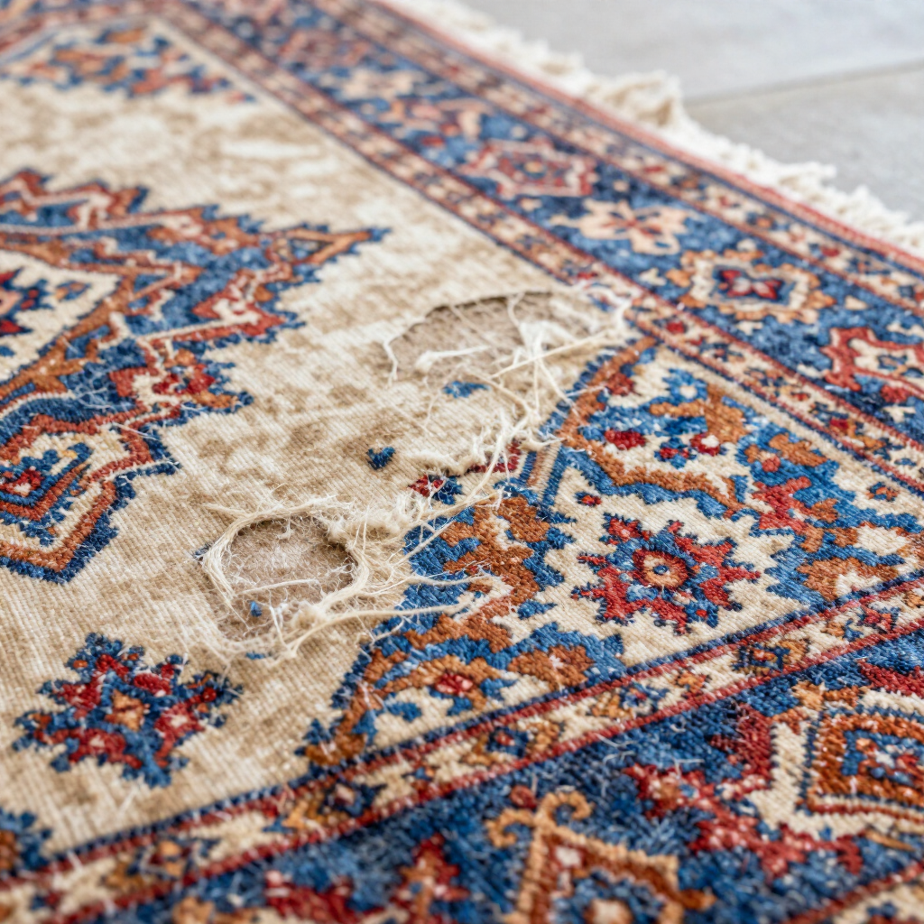 A damaged vintage-style rug with blue, red, and cream patterns, showing frayed fibers and exposed weave in the center.