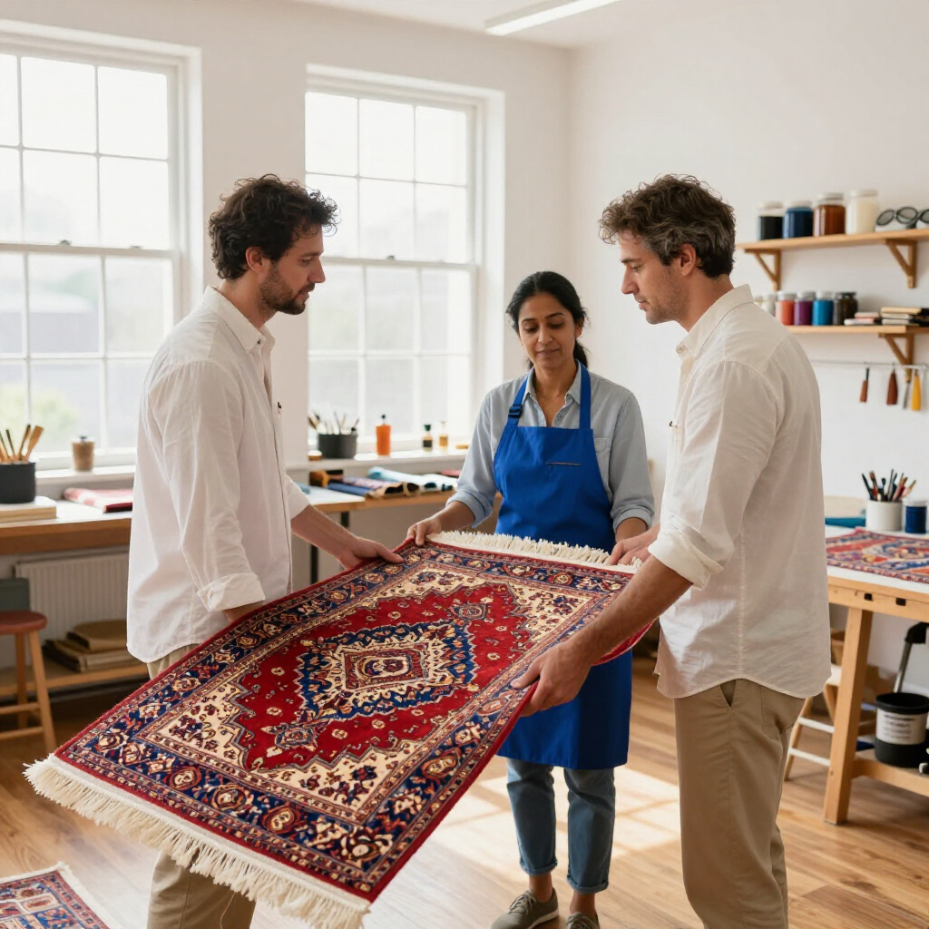 Three people in an art studio hold up a patterned red, blue, and cream rug to inspect it.