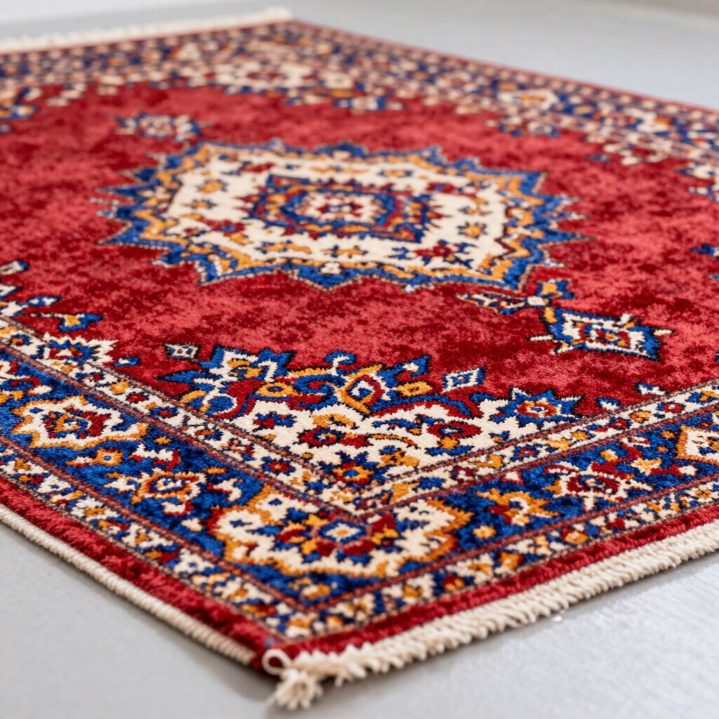An ornate area rug with a red field, navy blue border, and intricate white and gold floral motifs, featuring tasseled ends.